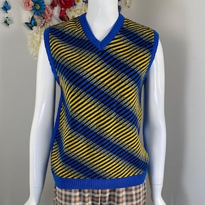 May include: A blue, yellow, and black striped V-neck sweater vest paired with brown plaid pants. The vest has a blue trim and a bold diagonal stripe pattern. The pants are wide-legged with a classic plaid design.
