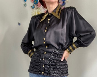 Beaded Sequin Evening Blouse Vintage 1980s Black Satin Disco Art Deco Shirt - M