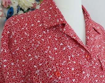 1980s Red White Secretary Blouse Shirt - Vintage 1980s Mod Blouse - FAIR SET Day Work Blouse - Large