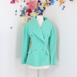 1980s Vintage ESCADA Designer Blazer Double Breasted Jacket Pastel Mint Green Angora Wool Cashgora 38 EU S/M US Classic Timeless image 1