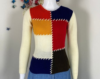 70s Colour Block Collage Stitched Sweater - Vintage 1970s Patchwork Winter Fall Casual Jumper - Medium