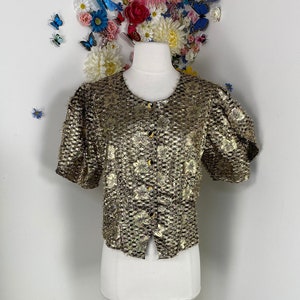 Vintage Gold Tinsel Blouse 80s Eyelash Lamé Shirt 1980s Sparkle Glam Evening Top Cocktail Party Disco Clubbing Date Night Metallic Top - M/L