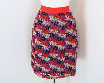 Multicoloured Floral Lace Pencil Skirt - KATE SPADE Mini Skirt - Mod Sexy Fitted Body Con Skirt - Small 27" Waist