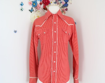 Vintage 50s 60s Polka Dot Rockabilly Country Western Shirt - Cowgirl Button Up Shirt - 1960s Retro Hipster - M/L