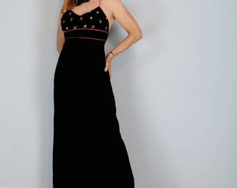 90s Black Velvet Evening Dress - Vintage 1990s Floral Embroidered Backless Dress - XS/S 26" Waist - Spaghetti Straps - Cross Back