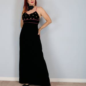 Vintage Evening Velvet Dress 90s Black Floral Embroidered Dress 1990s Formal Gown Cocktail Party Dress New Year's Eve Maxi Dress  - XS/S