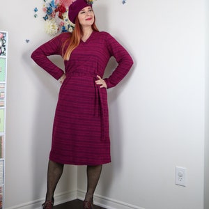 Vintage Striped Knit Dress 1970s Sweater Dress A-line Knit Secretary Dress Fall Winter Dress Pink Purple Day Dress - S/M