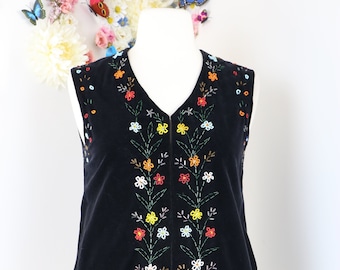 Chaleco bohemio con cuentas, estilo años 70, de terciopelo negro, estilo vintage, con adornos florales, estilo hippie, ideal para festivales de música otoñales - XS/S