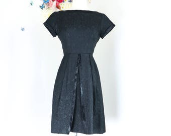 Vintage 1950s Black Evening Dress - 50s LBD Jacquard With Satin Trim And Open Back - Classic Elegant Cocktail Party Dress - XS