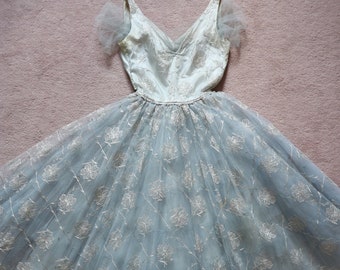 Vintage Evening Dress 1950s Formal Dress Grey Blue Silver Metallic Floral Tulle Princess Wedding Dress Prom Cocktail Party Gown - XXS