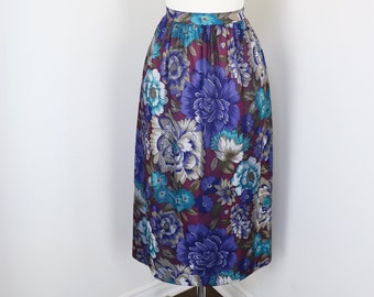 Vintage 80s Purple Floral Midi Skirt TAN-JAY Preppy Office Secretary Skirt- L/XL