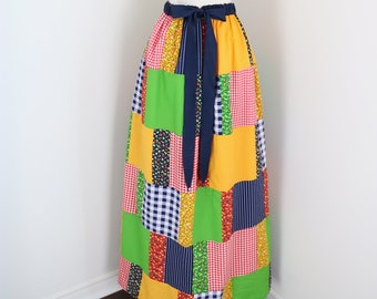 Vintage Patchwork Maxikjol Cottagecore 60-70-tal MR HANK Bomull Färgglad Sommar Prärie Boho Hippie Bondekjol Country Western - S/M/L