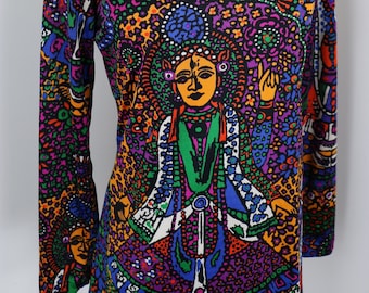 Psychedelic Tunic Top Vintage 1960s Novelty Print Mini Dress QUEEN'S-WAY 60s Go-go Dress Clubbing Party Micro Mini Dress - Medium