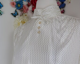 Vintage Polka Dot Dress 70s Preppy Day Dress 1970s White Black Dotted Midi Summer Spring Dress Secretary Cottagecore Mod Dress - Medium