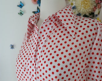 70s Polka Dot Top Blouse by ELITE - Vintage 1970s White Red Polkadot Short Sleeve Blouse Shirt - Mod Summer Top - Medium