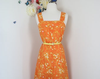 70s Floral Handmade Dress With Pockets - Vintage 1970s Sundress, Pinafore Linen Summer Dress - Resort Wear Vacation BBQ Picnic Dress - Small