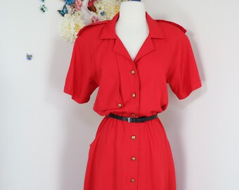 80s Red Shirt Dress With Pockets - Vintage 1980s Secretary Day Dress by STUDIO COLLECTION - Medium