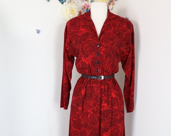 80s TARA LYNNE Red Secretary Shirt Dress With Pockets - Vintage 1980s 1990s Abstract Floral Midi Dress - S/M