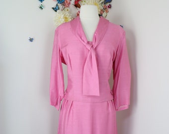 50s 60s Pink Silk Day Dress - Vintage MISS TALL America 1950s 1960s Tie Neck Classic Dress - L/XL