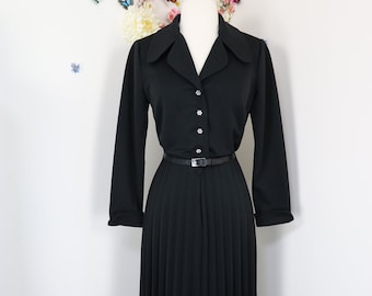 60s 70s Black Shirt Dress by COLETTE - Vintage 1960s Pleated Evening Cocktail Party Dress - Classic LBD - Medium