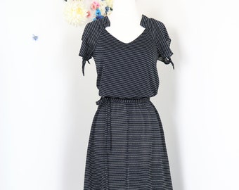 Vintage 1970s Black Striped Dress - Metallic Silver Stripes - XS/S - Pin Up Rockabilly - Scooter Day Dress - Handmade