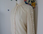 80s Floral Lace Statement Sleeve Cream Blouse - Vintage 1980s Sheer Peek-a-boo Lace Sleeve Blouse - Victorian Steampunk - M L
