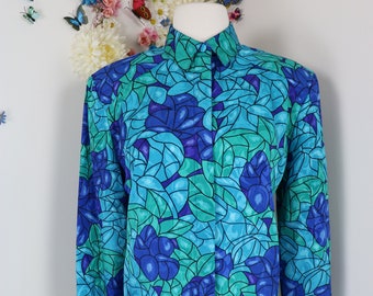 Vintage 80s Blue Abstract Stained Glass Blouse - Vintage 1980s Blue Green Purple Dark Florals Secretary Blouse - Wear To Work - Medium