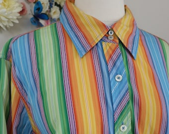 Vintage 80s 90s Rainbow Striped Shirt - TOMMY HILFIGER 1990s Button Up Cotton Shirt - Funky Preppy - XL