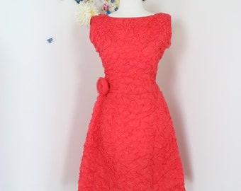 50s Red Party Prom Dress - Handmade Vintage 1950s Red Beaded Ruched Taffeta Dress - Evening Cocktail Special Occasion - Small