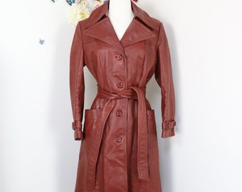 70s Burgundy Leather Trench Coat With Belt - 1970s Vintage Long Leather Spy Coat - Boho Long Coat - Medium
