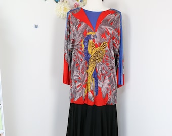 Vintage 80s 90s Parrot Dress - CREATIONS DOUCEL Drop Waist Novelty Print Flapper Style Dress - M/L