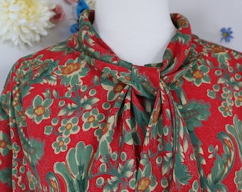 80s Tie Neck Floral Blouse - Vintage 1980s TAN-JAY Secretary Loop Neck Blouse XL - Red Green Holiday Blouse - Office Wear To Work