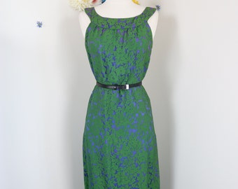 Vintage Floral Maxi Dress ALICE EDWARDS 50s 60s Green Formal Evening Cocktail Party Gown Summer Hippie Boho Garden Wedding Party Dress - S