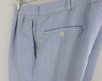 1970s Pinstriped Seersucker Summer Pants With Pockets - Vintage 70s KEITHSPORT by Keithmoor Pleated Trousers - Large