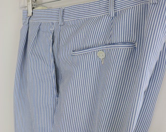 1970s Pinstriped Seersucker Summer Pants With Pockets - Vintage 70s KEITHSPORT by Keithmoor Pleated Trousers - Large