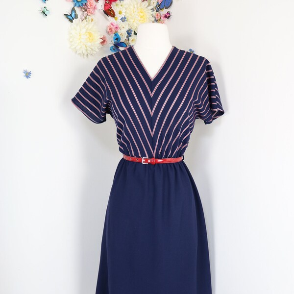 70s Chevron Stripe Day Dress - Vintage 1970s Midi Secretary Dress - Navy Red Vintage Dress - Small