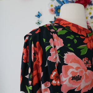 40s Style Vintage Floral Blouse Peach Black Rolled Collar S/Small ZARA Dark Floral Secretary Blouse Office Appropriate Day Wear image 1