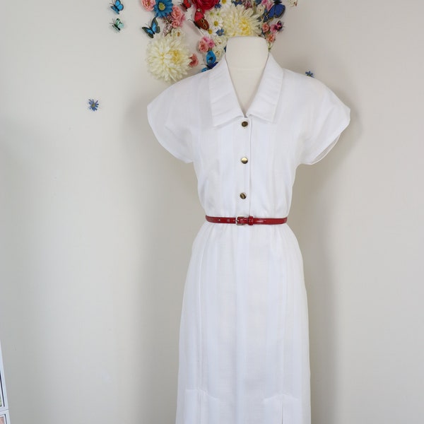 Vintage 80s White Preppy Day Dress - ALGO 1980s Secretary Shirt Dress - Wear To Work Office Appropriate - Medium