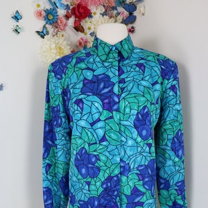 Vintage Blue Shirt Abstract Stained Glass Blouse 1980s Blue Green Purple Dark Florals Secretary Blouse Classic Wear To Work Preppy Blouse M