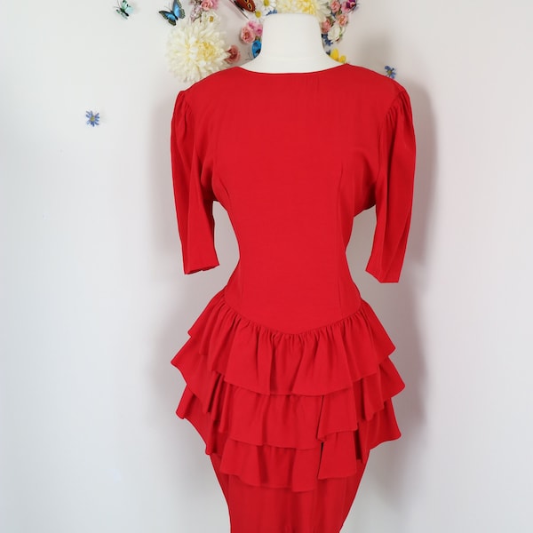 80s Tiered Ruffle Red Dress - Vintage 1980s CREME Dress - Evening Party Dress - S/M