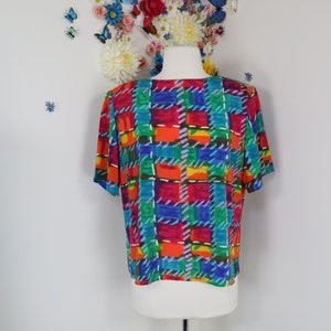 Rainbow Check Blouse Vintage 80s BRAEMAR Multicoloured Top Office Wear To Work Day Wear Summer Spring Short Sleeve Top - Medium