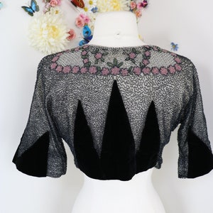 Antique 1920s Beaded Velvet Caplet Cropped Jacket 20s Art Deco Great Gatsby Flapper Bolero Shrug Evening Wedding Guest Cocktail Party - XS/S