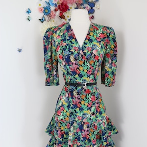 Vintage 80s Does 30s Floral Day Dress CLOCK HOUSE Drop Waist Tiered Ruffle Hem Skirt With Puff Shoulders S/M image 1