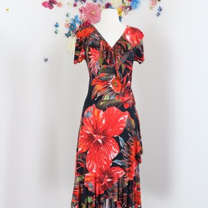 1990s Vintage Red Tropical Floral Midi Dress Rimma Benetti Bold Oversized Floral Short Sleeve, Ruffle Hem & Neckline, V-Neck Medium image 1