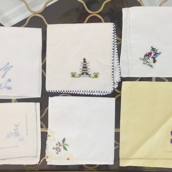 Vintage Embroidered Handkerchiefs - 6 Assorted Delicately Embroidered Vintage Hankies - Elf Garden Gnome Handkerchief