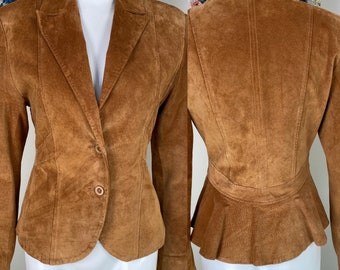 Y2K Caramel Brown Suede Blazer Jacket - Vintage Victorian Inspired Fitted Leather Jacket With Back Ruffle - Country Western Leather - XS/S