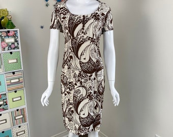 70s Groovy Shift Dress - Paisley Floral Print Brown Cream Dress - Mod Vintage 1970s Day Dress - S/M