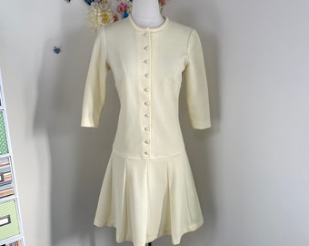 60s 70s Cream Scooter Dress - 1960s Drop Waist Shift Dress - Mod Dress With Pleated Skirt - Winter Fall - Small