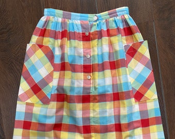 80s PERSPECTIVE Rainbow Plaid Skirt With Pockets - Vintage Summer Picnic BBQ Vacation Cottagecore Midi Skirt - Small