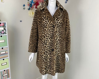 Faux Fur Animal Print Winter Coat - 1970s Leopard Print Warm Fuzzy Teddy Coat - Trapeze Car Coat - M/L/XL